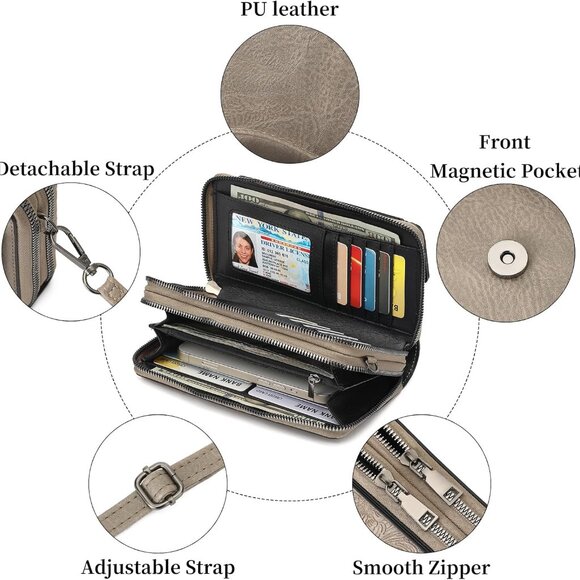 Khaki Small Leather Crossbody Wallet with Detachable Strap - Perfect for Daily - Picture 4 of 6